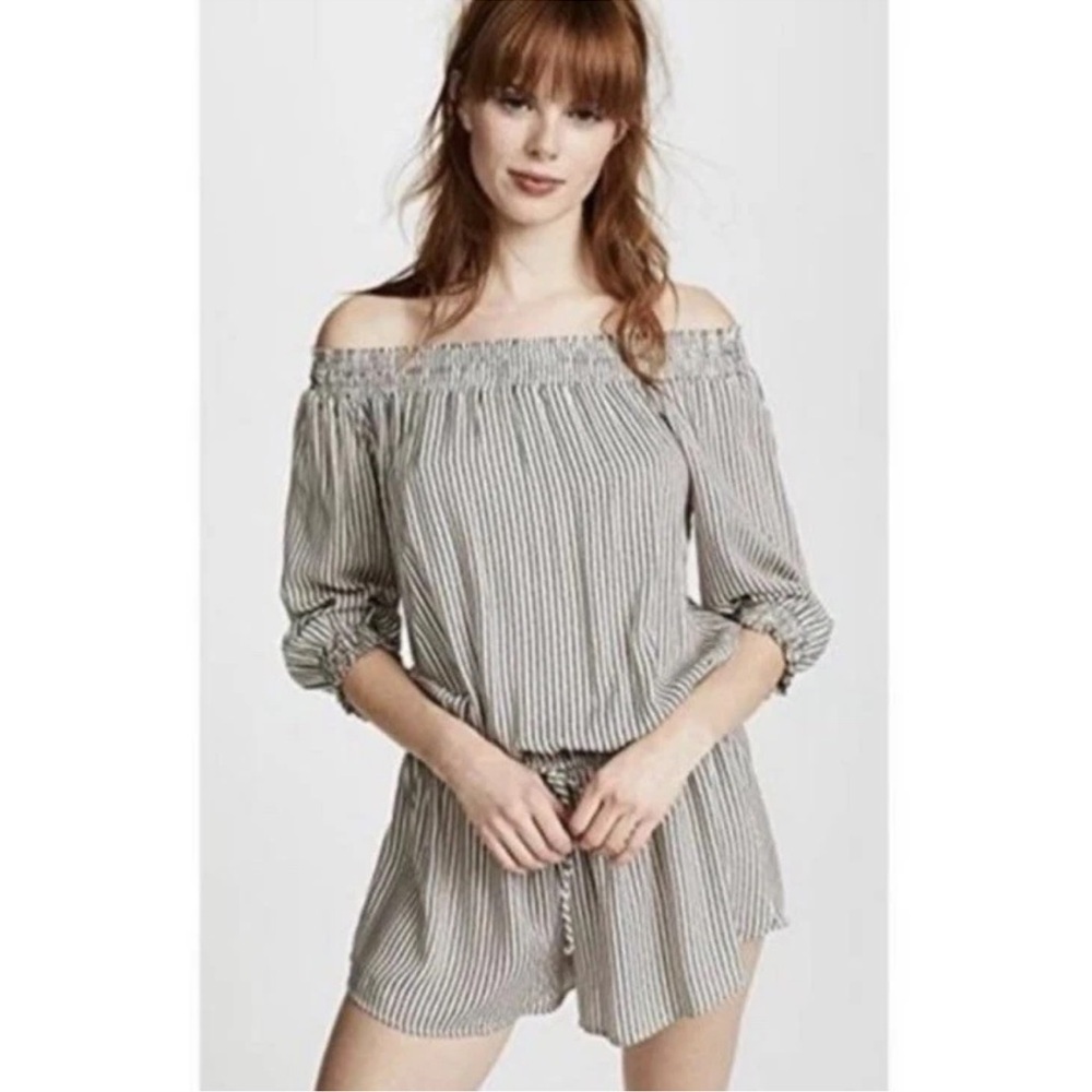 Eberjey Romper Shorts Jumpsuit Gray Cream Striped M/L Off Shoulder Drawstring